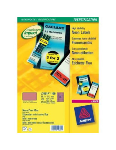 laseretiket Avery 38,1x21,2mm fluorrose 100 vel 65 etiketten per vel
