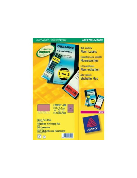 Etiquette laser Avery 38,1x21,2mm fluorrose 100 feuilles, 65 éts. par