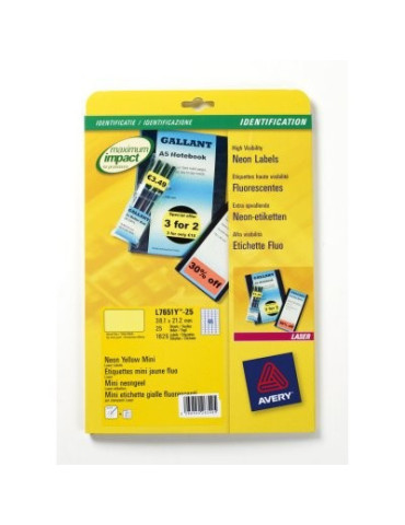 Etiquette laser Avery 38,1x 21,2mm fluorjaune 25 feuilles, 65 éts. par