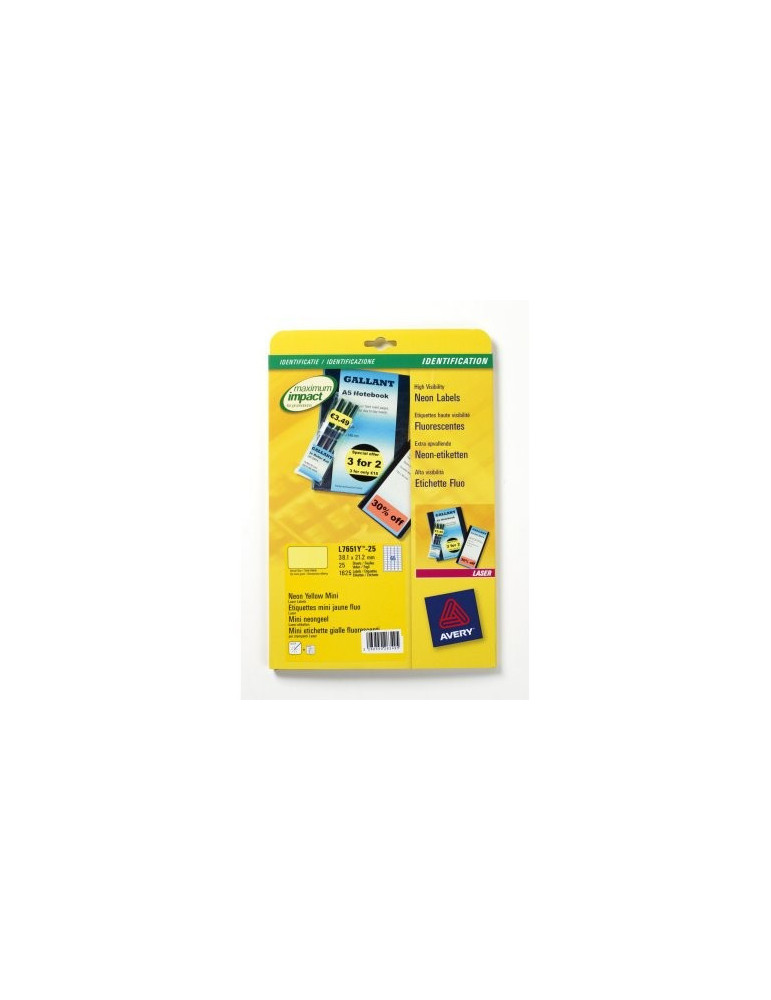 Etiquette laser Avery 38,1x 21,2mm fluorjaune 25 feuilles, 65 éts. par