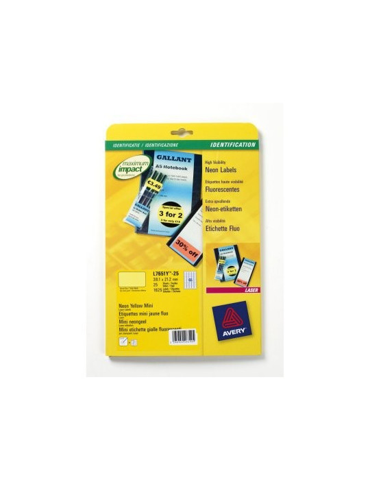 Etiquette laser Avery 38,1x 21,2mm fluorjaune 25 feuilles, 65 éts. par