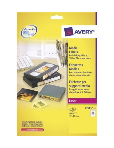 *Laseretiket Avery 72x21,2mm wit doos 25 vel 24 et. per vel