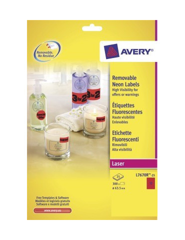 Etiquette laser Avery 63,5mm ronde fluorrouge 25 feuilles, 12 éts. par