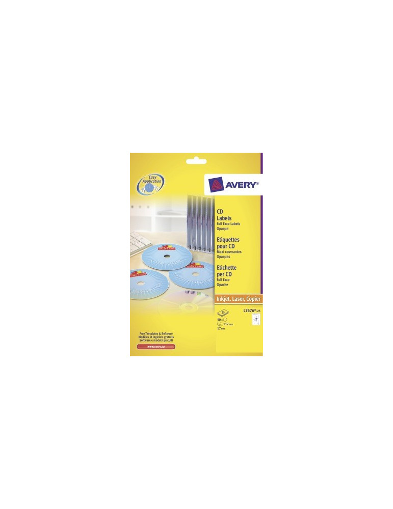 CD etiket Avery 117mm fullsize wit doos 25 vel 2 et. per vel