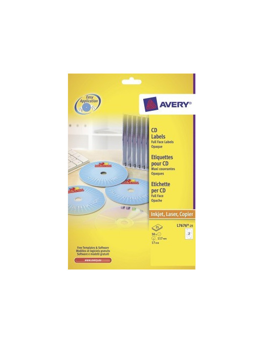 CD etiket Avery 117mm fullsize wit doos 25 vel 2 et. per vel