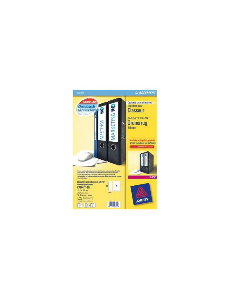 ordnerrugetiket Avery 192x62mm wit 25 vel 4 etiketten per vel