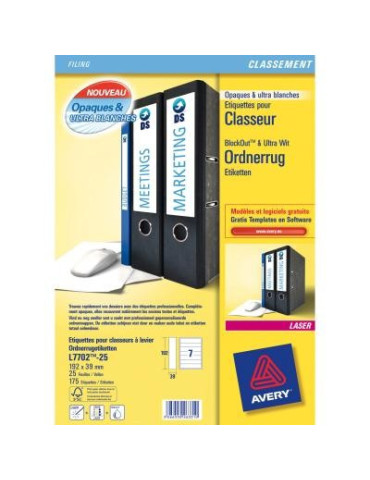 Ordnerrugetiket Avery 192x39mm wit doos 25 vel 7 et. per vel