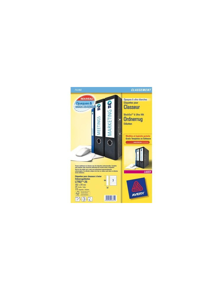 Ordnerrugetiket Avery 192x39mm wit doos 25 vel 7 et. per vel