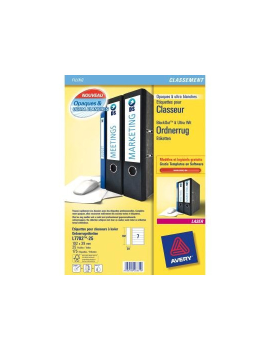Ordnerrugetiket Avery 192x39mm wit doos 25 vel 7 et. per vel