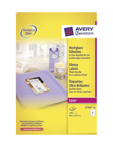 *Laseretiket Avery 99,1x67,7mm wit glossy doos 40 vel 8 et. per vel