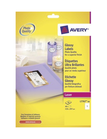 Laseretiket Avery 295x209mm wit glossy doos 40 vel 1 et. per vel