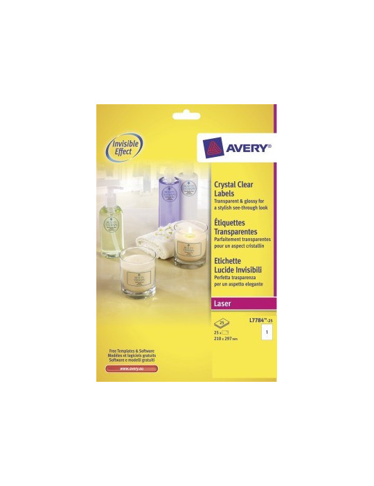 Laseretiket Avery 210x297mm transp.glossy doos 25 vel 1 etiket per vel