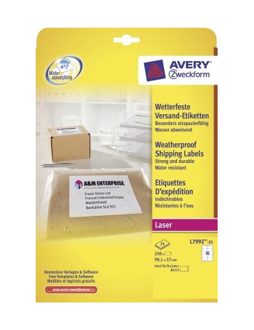 Laseretiket Avery 99,1x57mm wit doos 25 vel ultrasterk 10 etiketten per vel