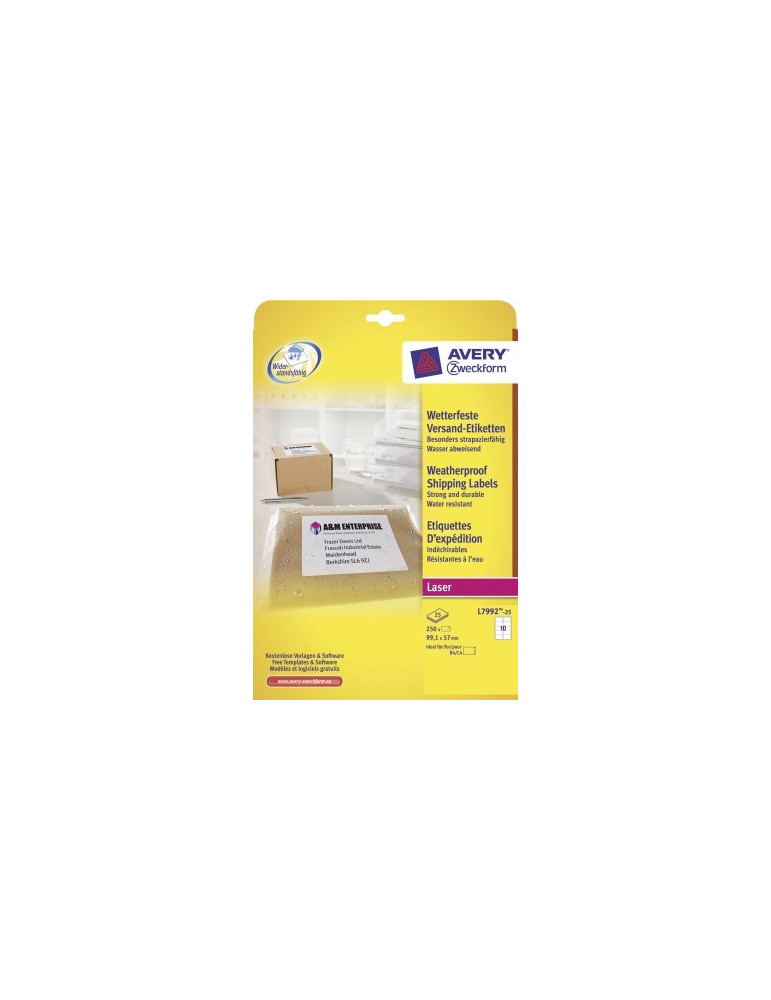 Laseretiket Avery 99,1x57mm wit doos 25 vel ultrasterk 10 etiketten pe