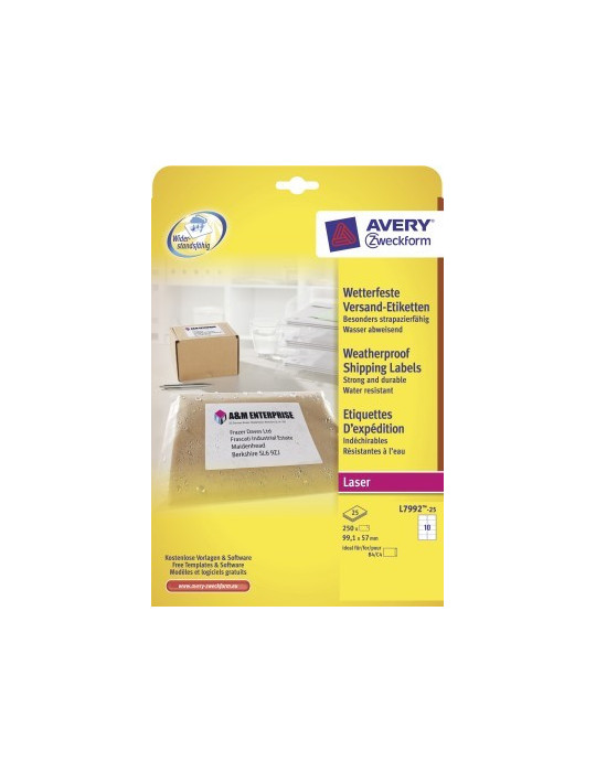 Laseretiket Avery 99,1x57mm wit doos 25 vel ultrasterk 10 etiketten pe