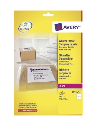 etiket Avery 99,1x139mm 25 vel 4 etiketten per vel wit