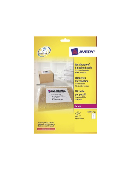 etiket Avery 99,1x139mm 25 vel 4 etiketten per vel wit