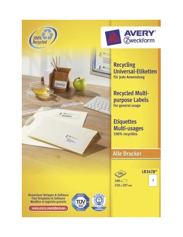 etiket Avery ILK 210x297mm recycled 100 vel 1 etiketten per vel wit