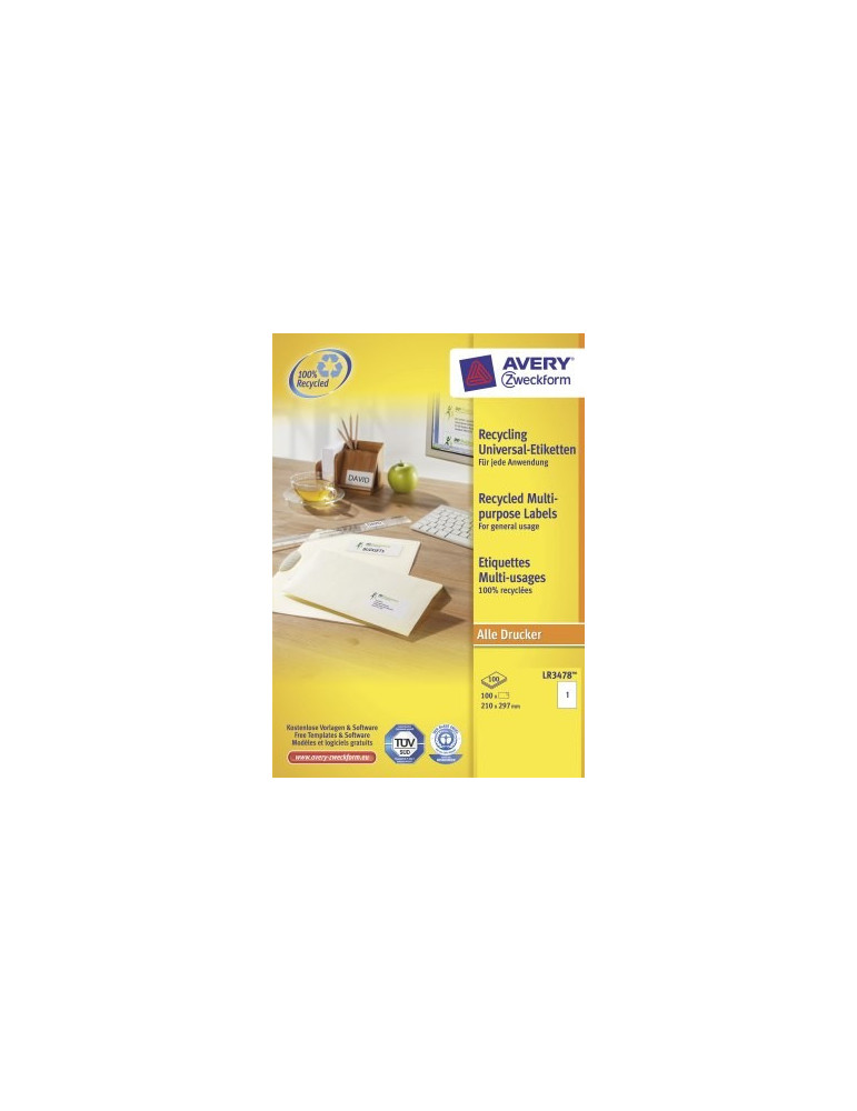 Etiquettes Recyclées Avery multi-usage, 210 x 297 mm
