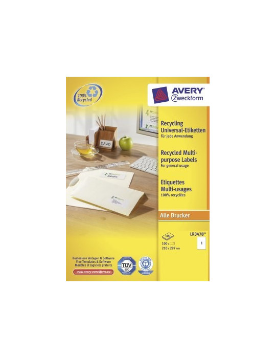 Etiquettes Recyclées Avery multi-usage, 210 x 297 mm