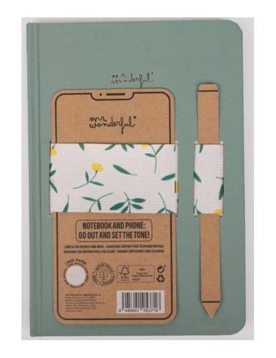 A5 notebook with mobile strap green + flowers elastic band - Ringtones