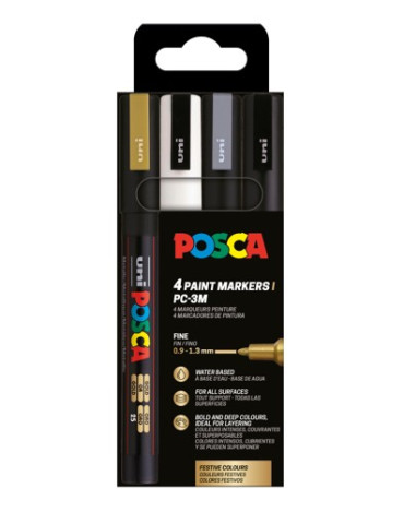 Set de 4 marqueurs pointe conique fine Or - Argent - Blanc - Noir