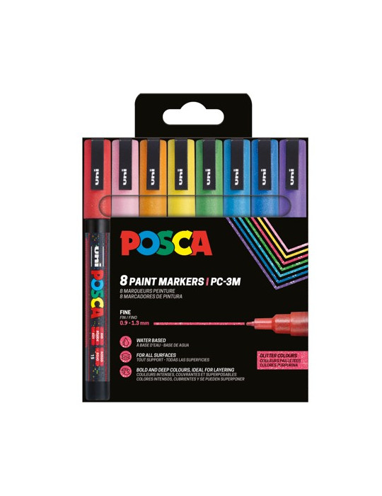 Set de 8 marqueurs pointe conique fine en plastique Jaune Pailleté - R