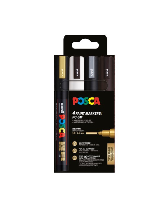 Set de 4 marqueurs pointe conique moyenne Or - Argent - Blanc - Noir