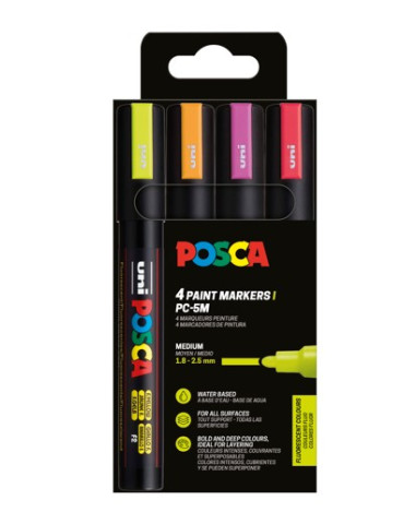 Set de 4 marqueurs pointe conique moyenne Rouge Fluo - Rose Fluo - Ora