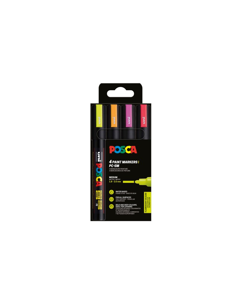 Set de 4 marqueurs pointe conique moyenne Rouge Fluo - Rose Fluo - Ora