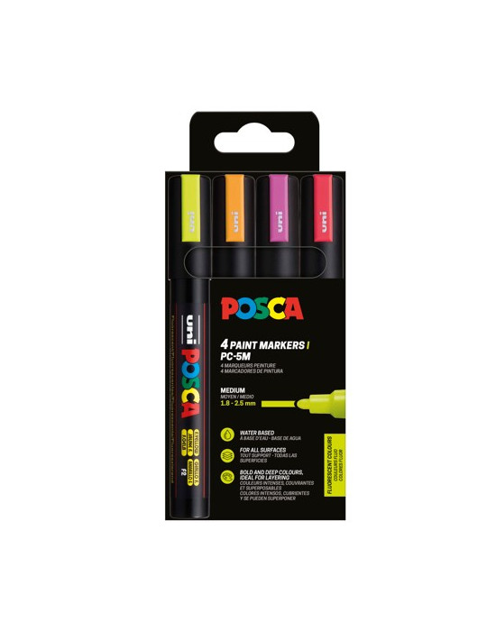 SET 4 POSCA PC5Set de 4 marqueurs pointe conique moyenne Rouge Fluo -