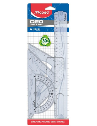 GEOMETRIC KIT met  2 driehoeken 21 cm, 30 cm liniaal en 1 gradenboog -