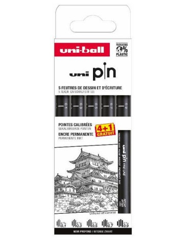 Pochette feutres Uni Pin 4 + 1 gratuit Pointes impaires