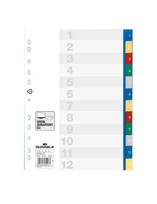 Intercalairs A4 12 onglets 1-12 multicolore