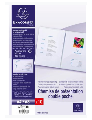 Sach. 10 chem. dble poche PP A4/A3 Trans