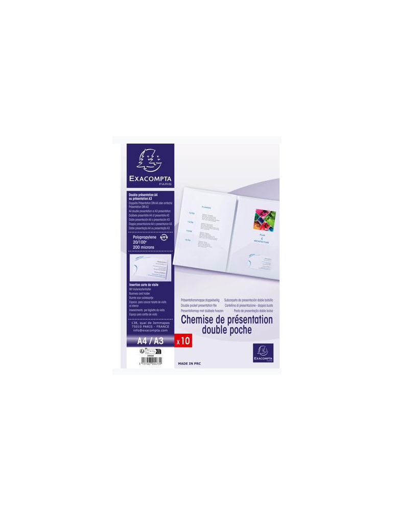 Sach. 10 chem. dble poche PP A4/A3 Trans