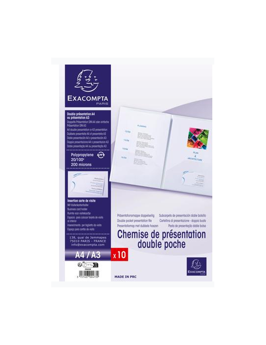 Sach. 10 chem. dble poche PP A4/A3 Trans