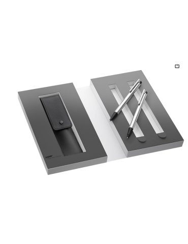 Stylo bille et porte mines logo acier mat + étui cuir